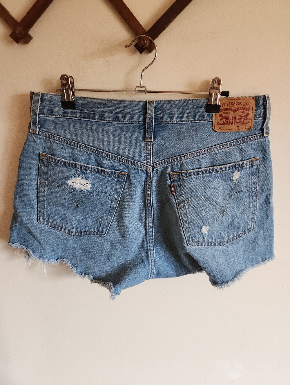 501 Levis Buttom Fly Shorts Micro Checky Denim Cotton Distressed Medium Large 30 - Picture 10 of 10